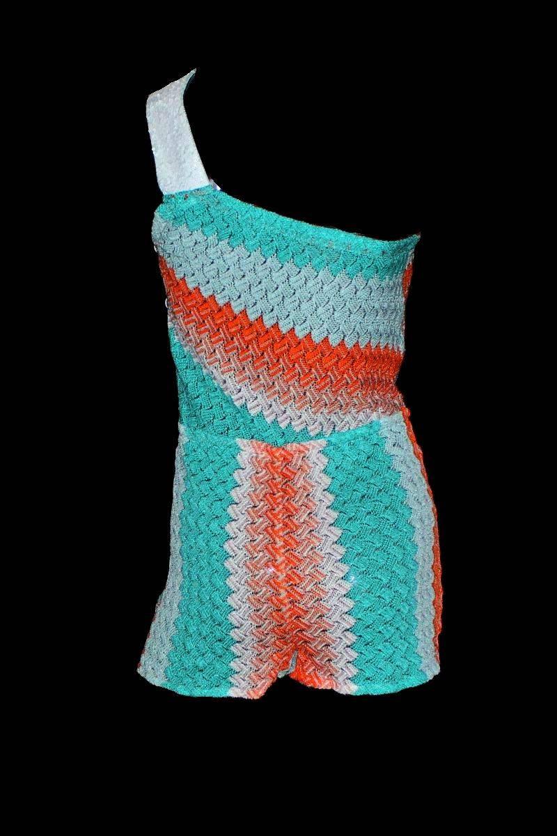 Missoni crochet-knit playsuit is as colorful and vibrant as the coastal setting you'll likely be wearing it in.

    Classic MISSONI signature zigzag crochet knit
    Stunning colors
    Simply slips on, hidden buttons on side
    One shoulder