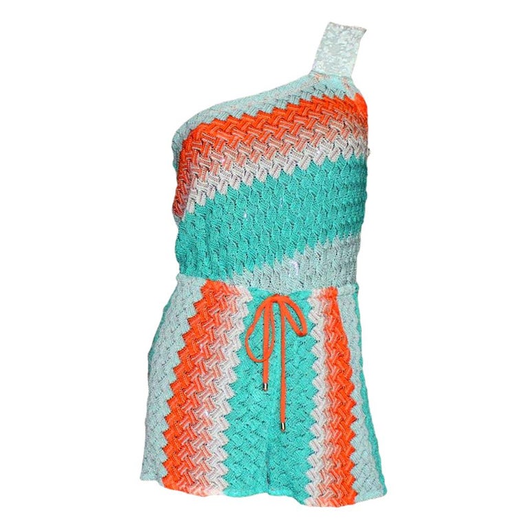 Missoni Asymmetric Crochet Knit Mini Jumpsuit Romper Playsuit with
