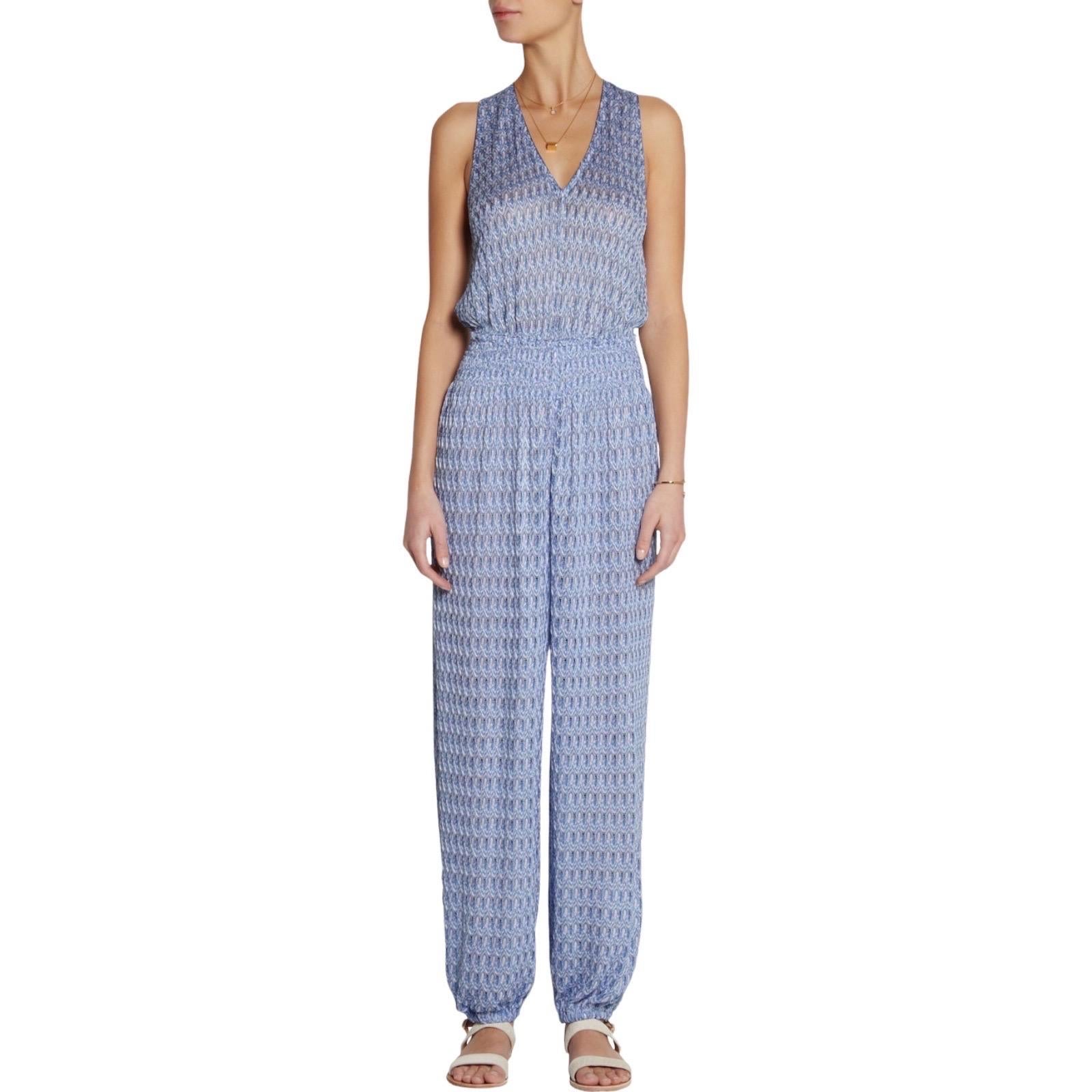 Missoni's '70s-style silhouettes have a cult following, and this blue and white crochet-knit jumpsuit has a relaxed wide-leg cut and flattering V-neck. The elasticated cuffs and smocked waist make it easy to slip it over your bikini after a day at