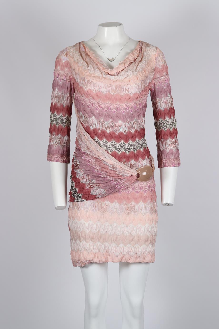 Missoni Belted Crochet Knit Dress. Pink. 3/4 Sleeve. Cowl Neck. Zip fastening - Side. 100% Rayon. UK 10 (US 6, FR 38, IT 42). Bust: 36 in. Waist: 32 in. Hips: 40 in. Length: 35 in. Condition: Used. Very good condition - Light signs of wear; see