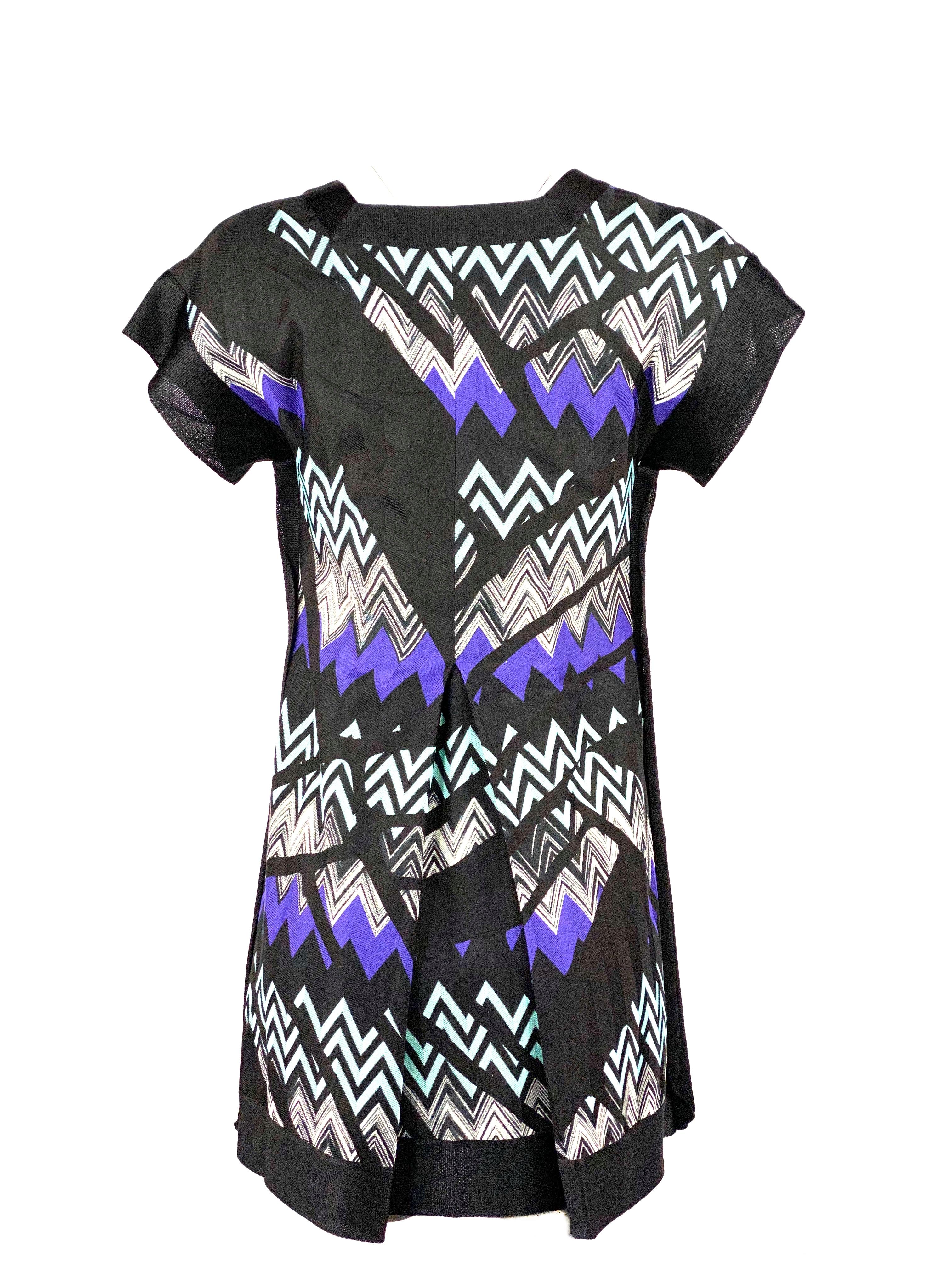 MISSONI - Mini robe noire et bleue à col en V et zigzag et manches courtes Pour femmes en vente