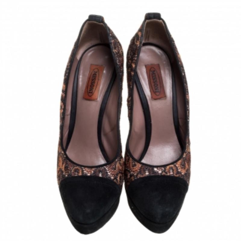 Missoni Black/Beige Lace and Suede Pointed Toe Platform Pumps Size 39 For Sale 2