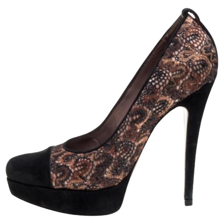 Missoni Black/Beige Lace and Suede Pointed Toe Platform Pumps Size 39 For Sale