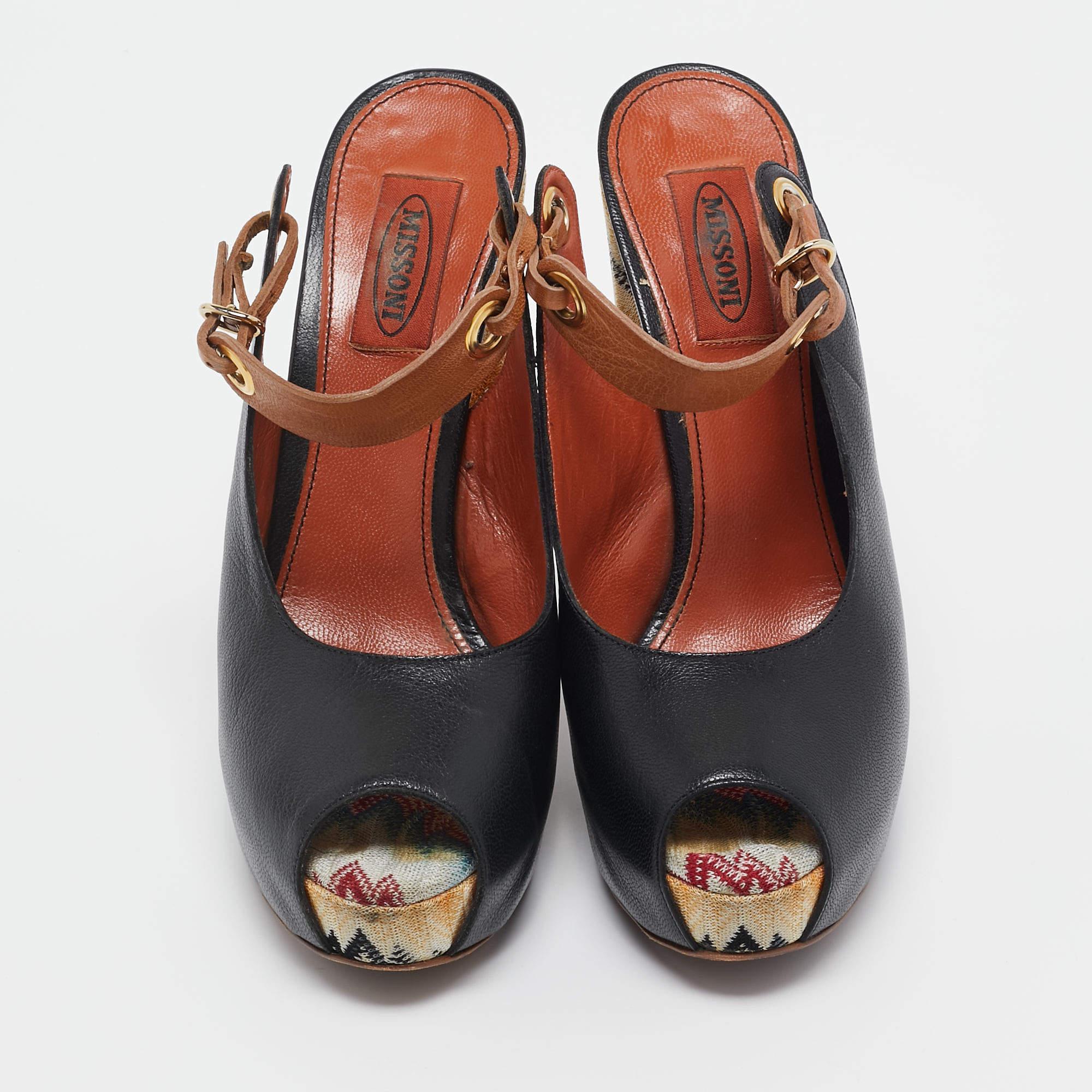 Missoni Schwarz/Beige Leder Peep Toe Plateau Slingback Pumps Größe 39 im Zustand „Gut“ im Angebot in Dubai, Al Qouz 2