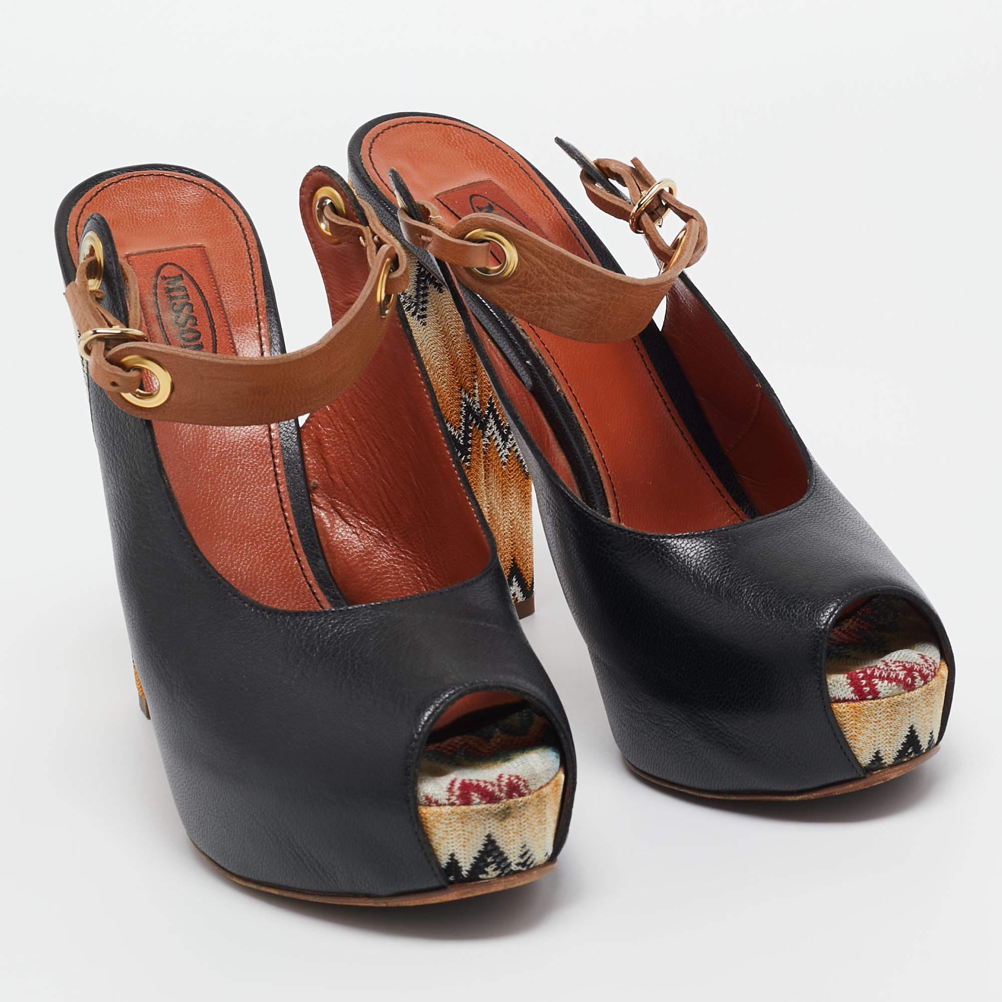 Missoni Schwarz/Beige Leder Peep Toe Plateau Slingback Pumps Größe 39 Damen im Angebot