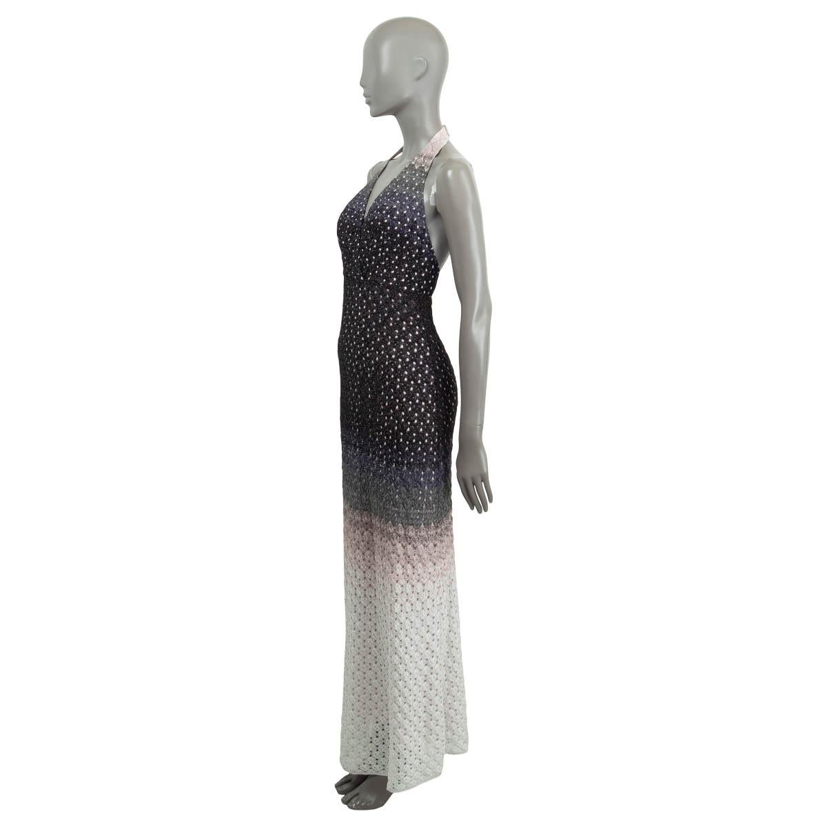 100% authentic Missoni halter neck maxi dress in black, light-pink, white, purple and silver viscose (assumed cause content tag is missing). Opens with two push buttons at the back neck. Lined in light pink silk and elastane (assumed cause tag is