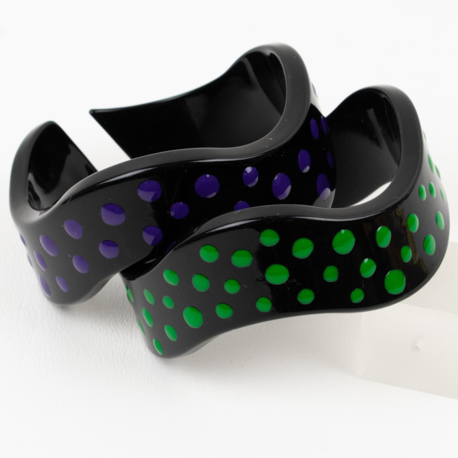 Missoni Black Lucite Resin Bracelet Bangle Purple and Green Dots, a pair For Sale 5