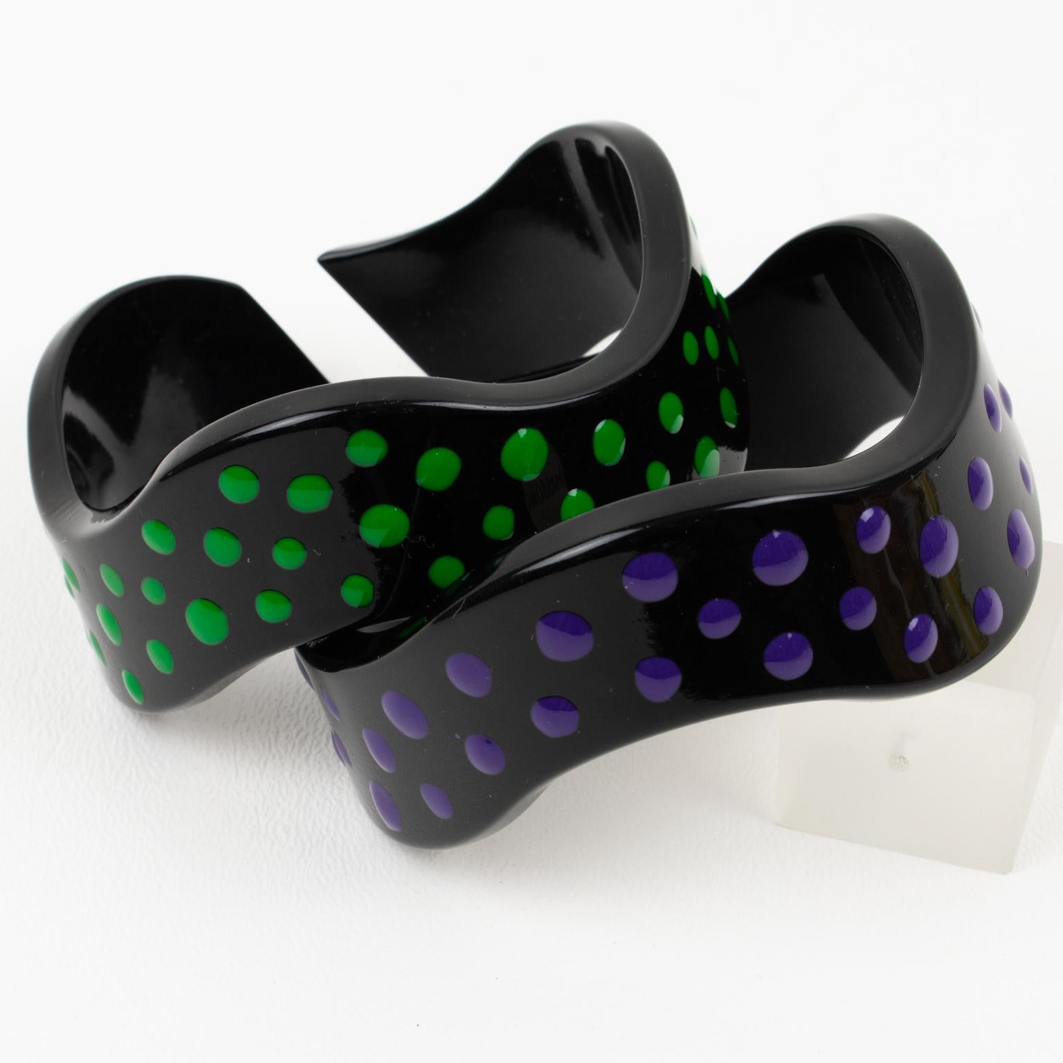 Missoni Black Lucite Resin Bracelet Bangle Purple and Green Dots, a pair For Sale 6
