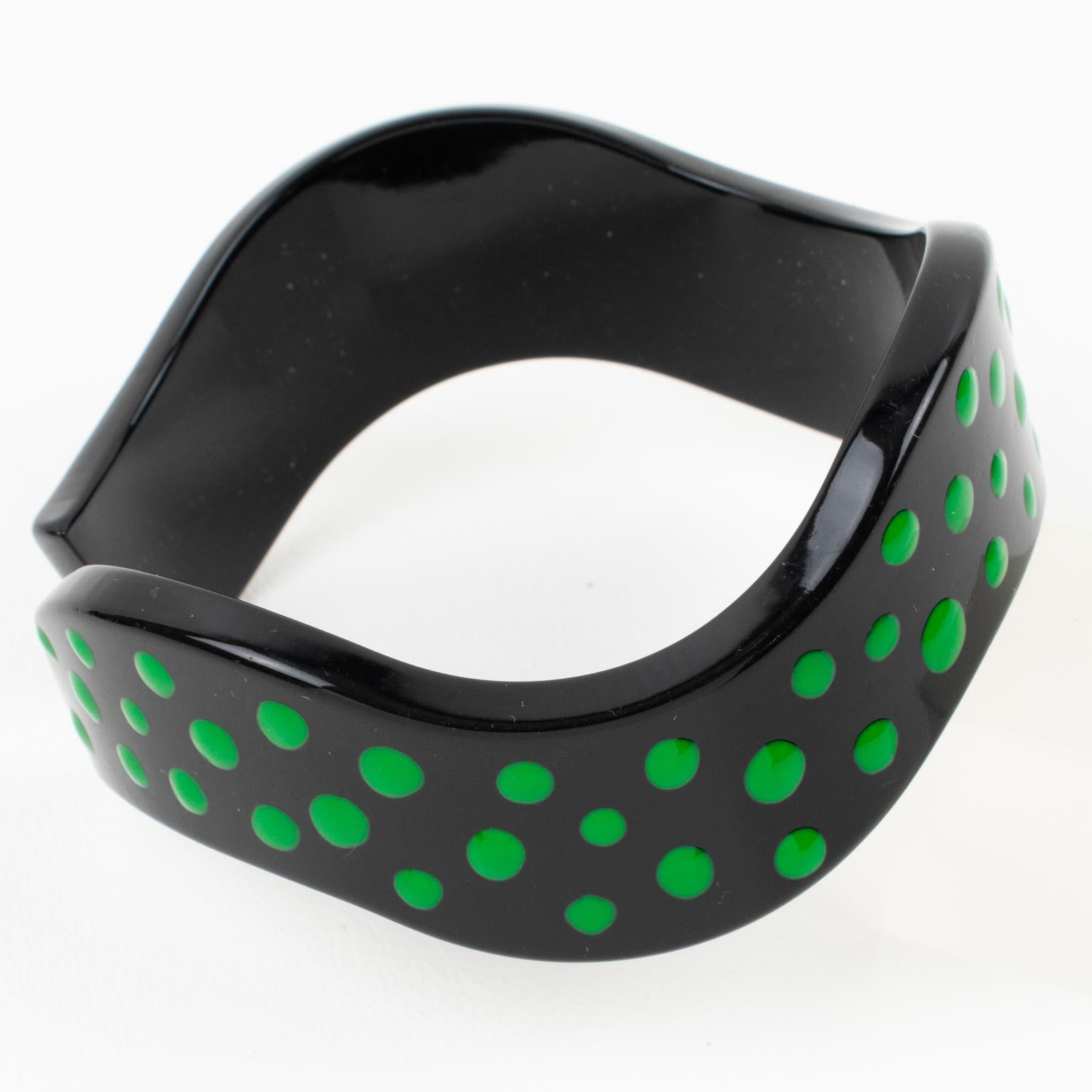 Missoni Black Lucite Resin Bracelet Bangle Purple and Green Dots, a pair For Sale 7
