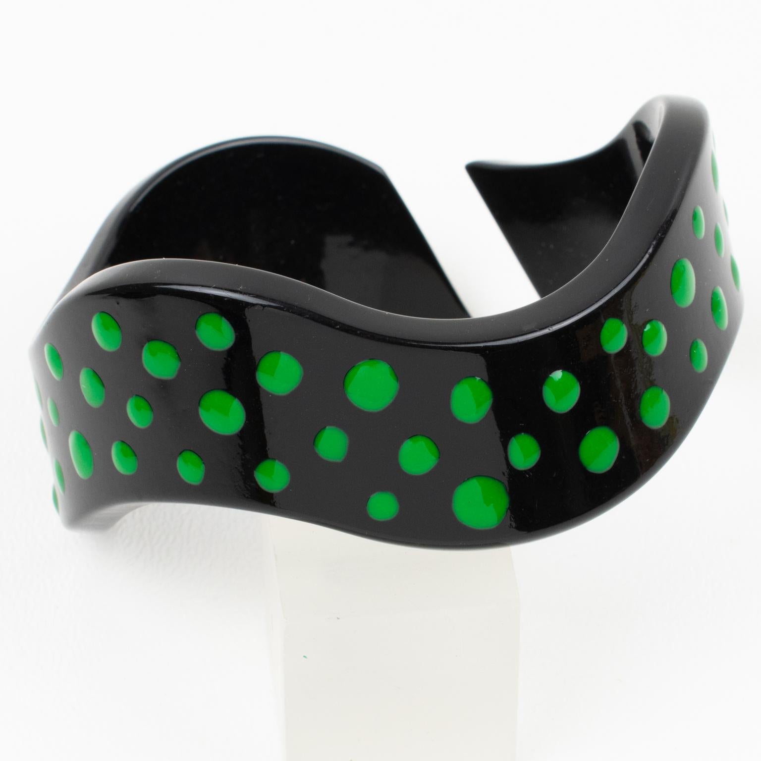 Missoni Black Lucite Resin Bracelet Bangle Purple and Green Dots, a pair For Sale 10