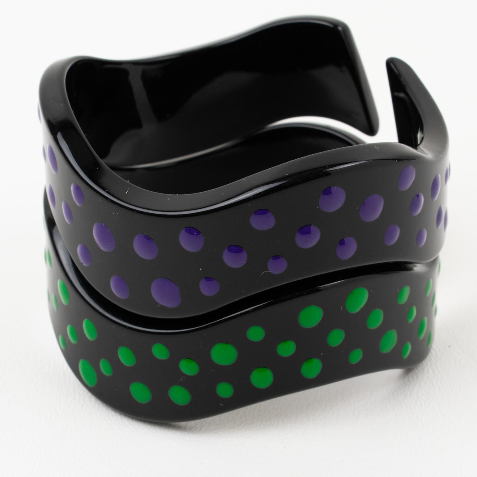 Women's or Men's Missoni Black Lucite Resin Bracelet Bangle Purple and Green Dots, a pair For Sale