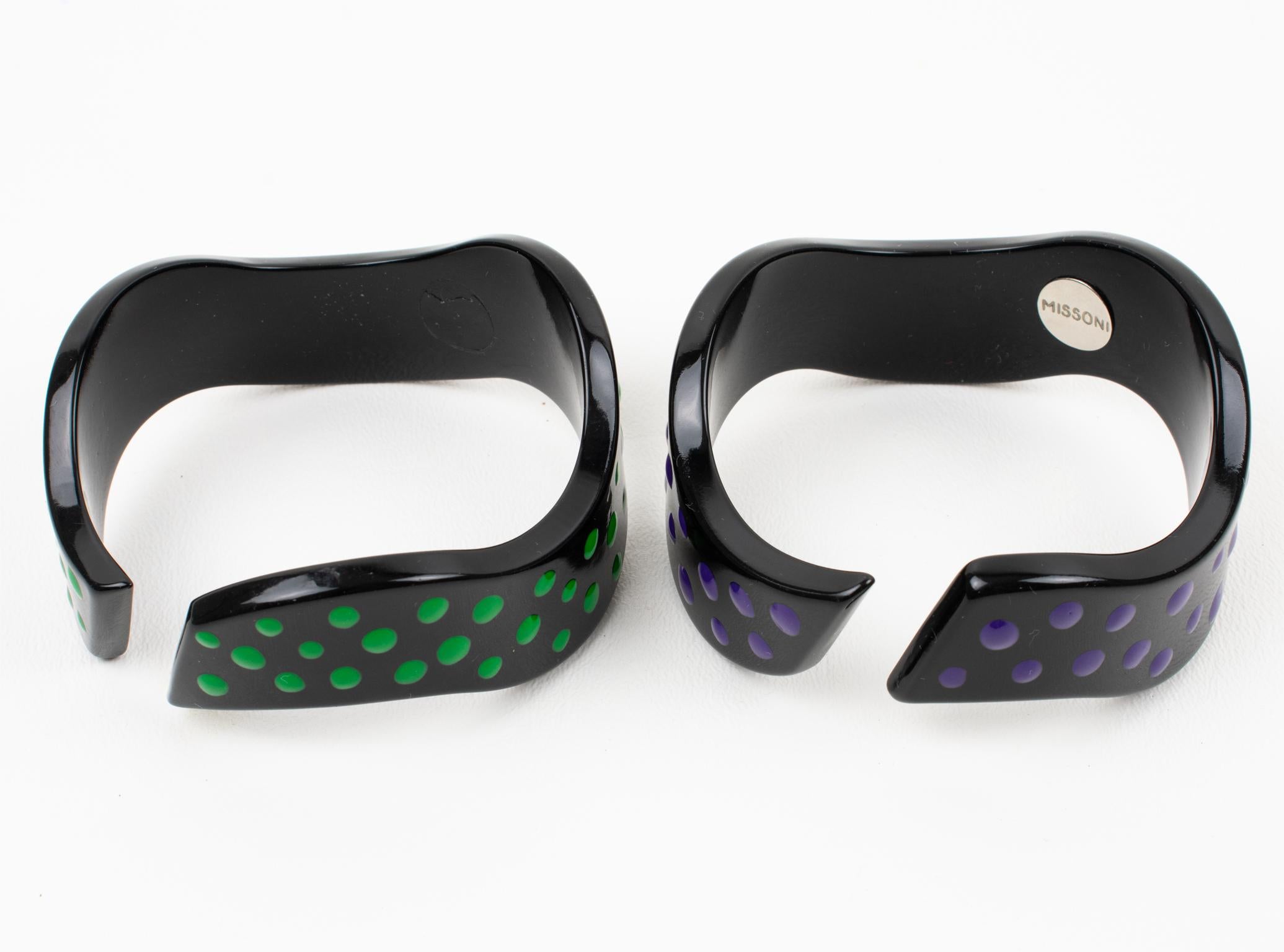 Missoni Black Lucite Resin Bracelet Bangle Purple and Green Dots, a pair For Sale 2