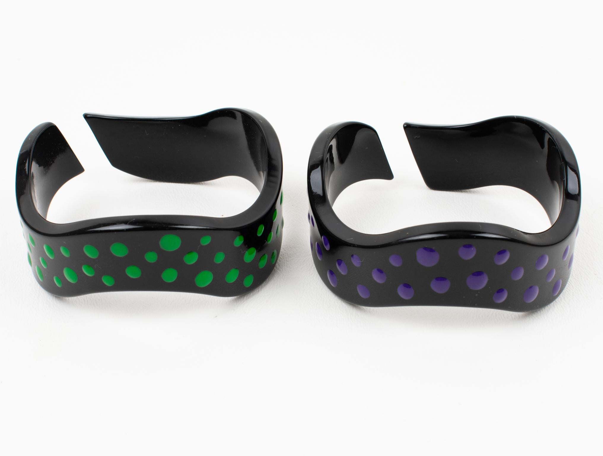 Missoni Black Lucite Resin Bracelet Bangle Purple and Green Dots, a pair For Sale 3