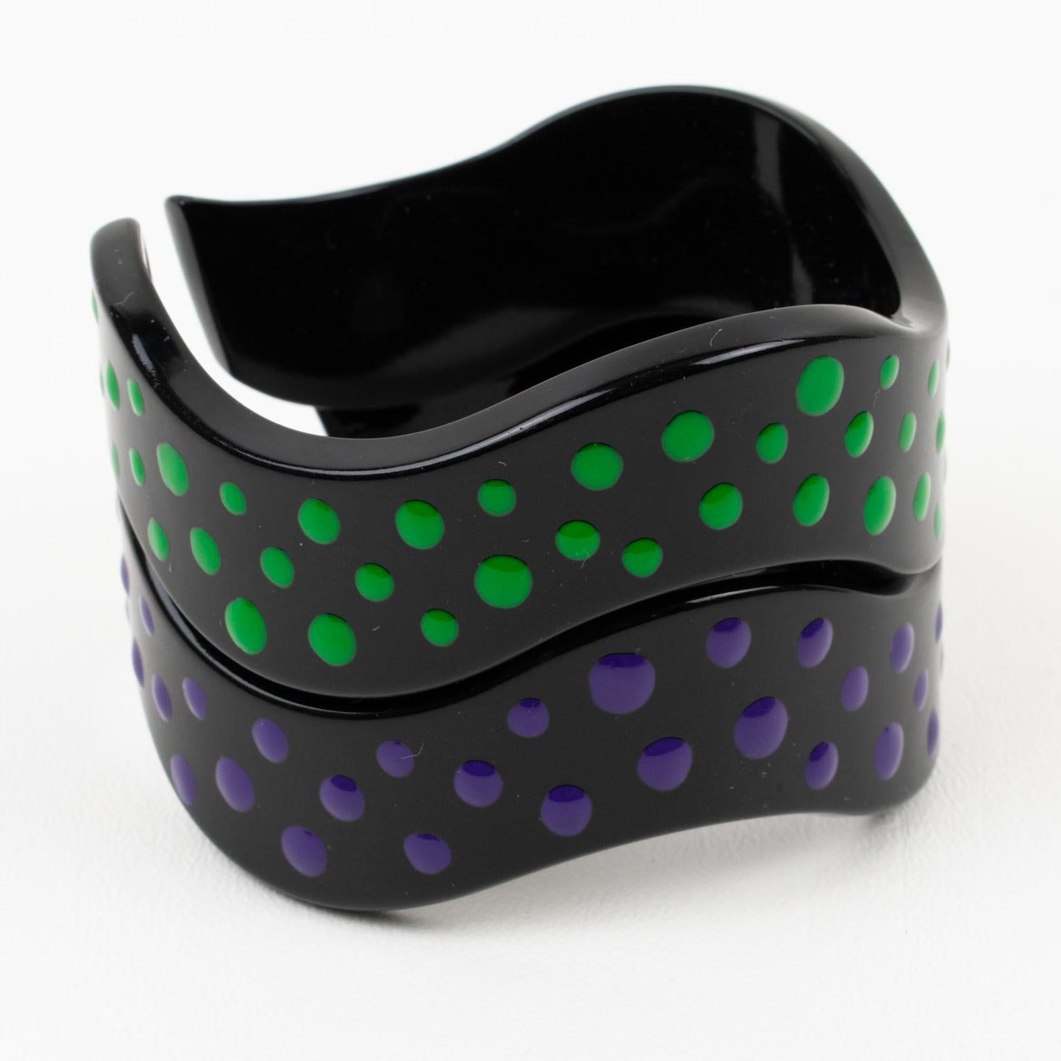 Missoni Black Lucite Resin Bracelet Bangle Purple and Green Dots, a pair For Sale 4