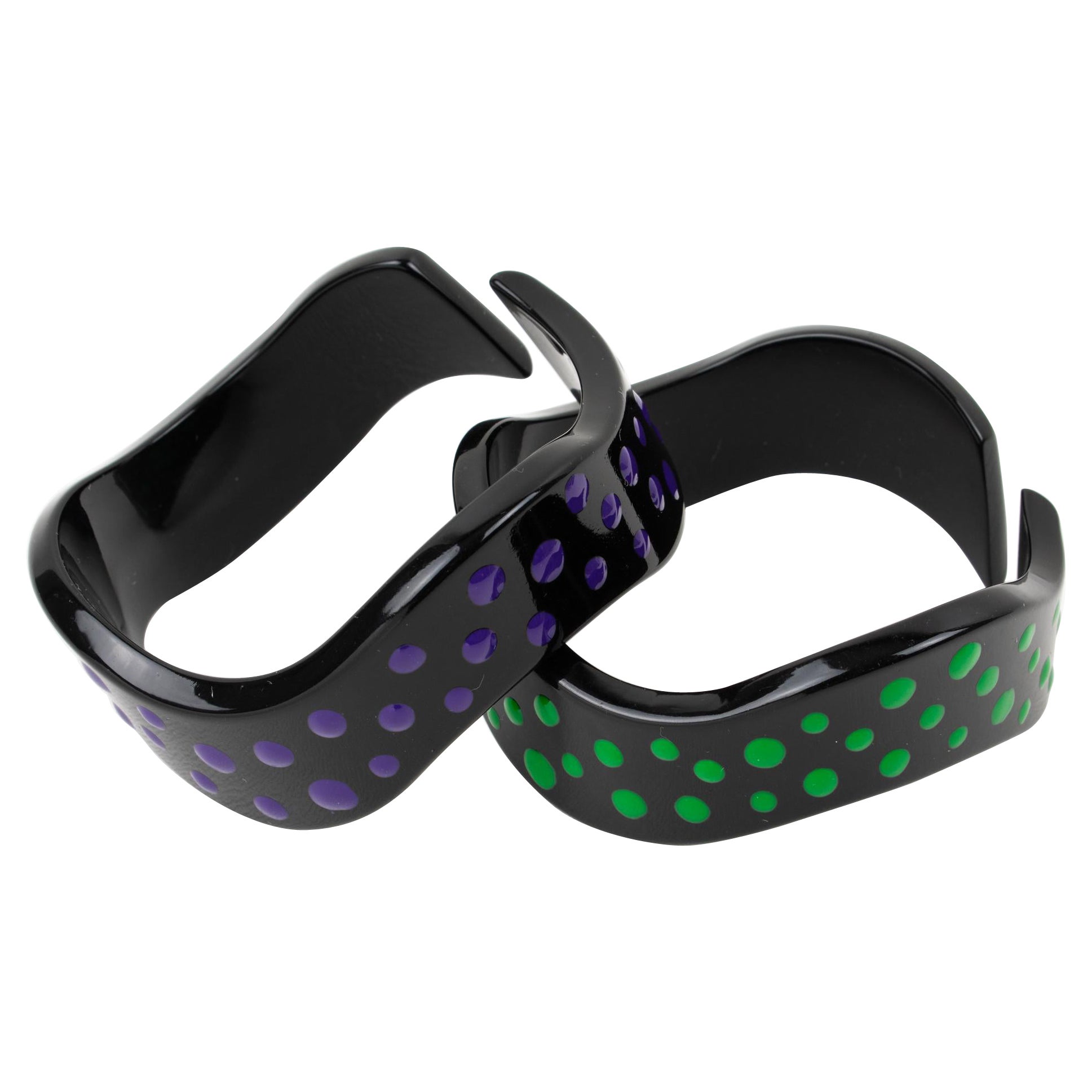 Missoni Black Lucite Resin Bracelet Bangle Purple and Green Dots, a pair For Sale