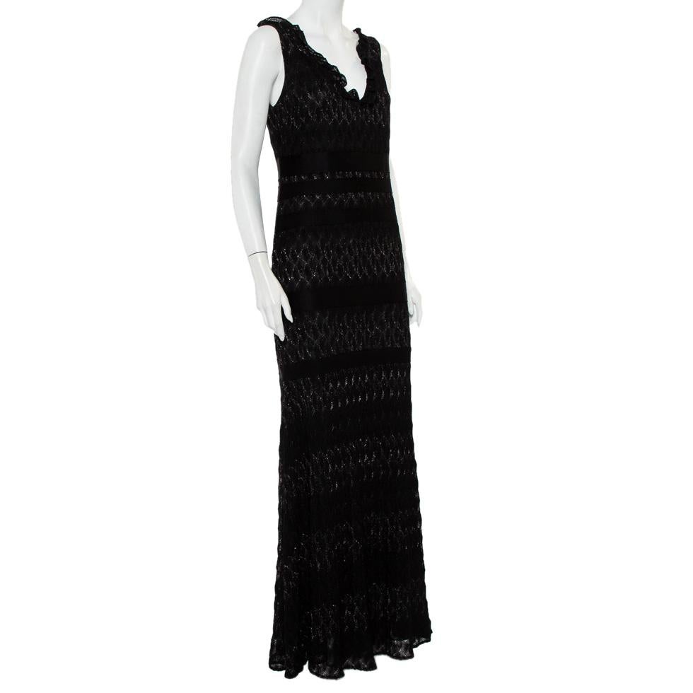 Missoni Black Lurex Knit Ruffled Neck Sleeveless Maxi Dress M In Good Condition For Sale In Dubai, Al Qouz 2