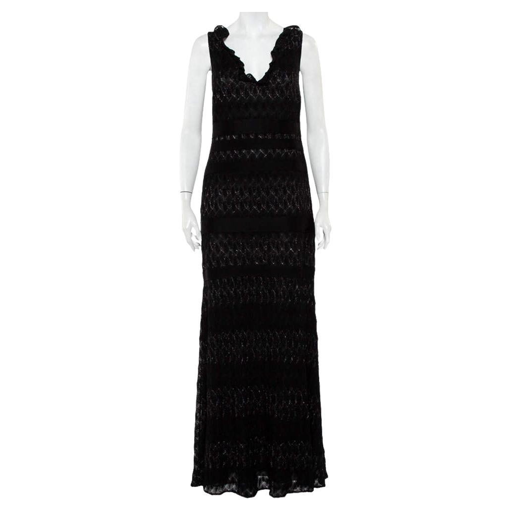 Missoni - Robe longue sans manches à col à volants en maille de lurex noire, taille M en vente