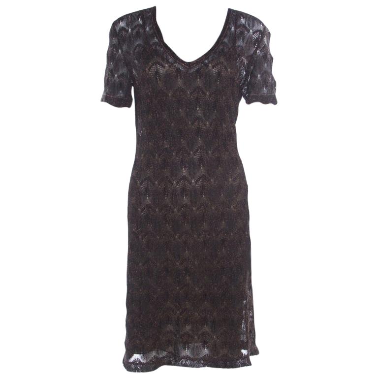Missoni Black Lurex Patterned Knit V Neck Midi Dress M For Sale