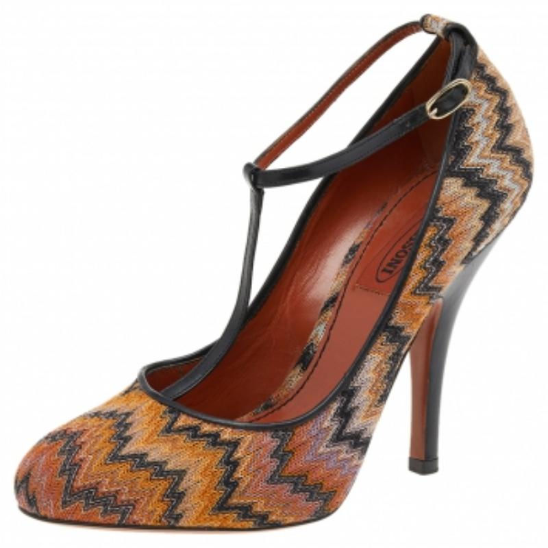 Missoni - Escarpins en cuir et tissu noir/orange avec bride de cheville - Taille 37,5 Pour femmes en vente