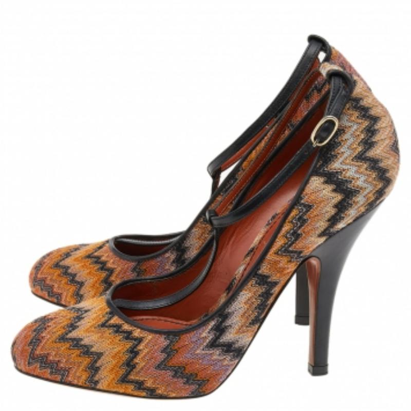 Missoni - Escarpins en cuir et tissu noir/orange avec bride de cheville - Taille 37,5 en vente 1