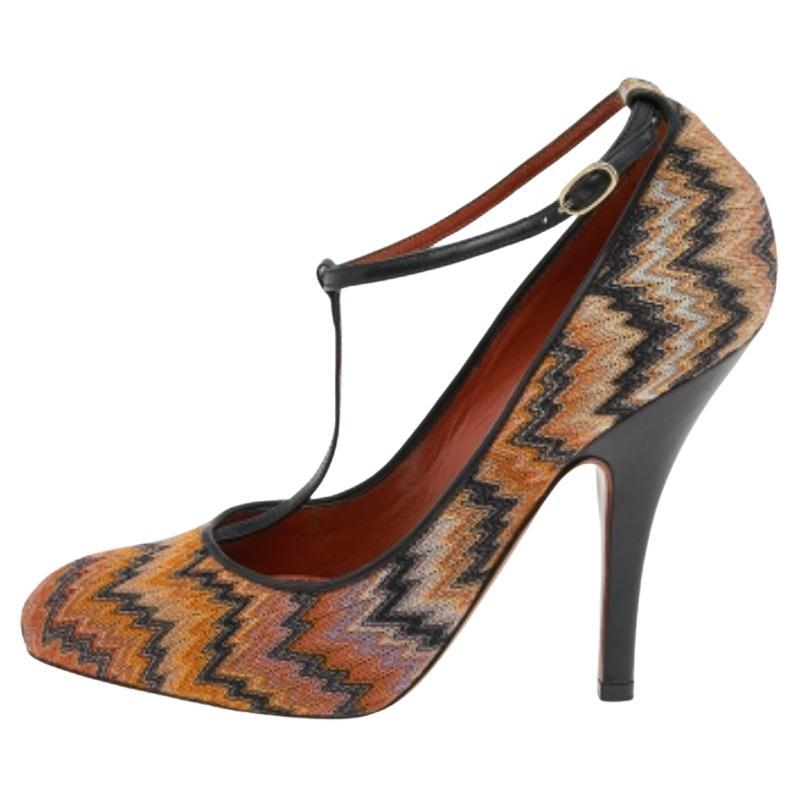 Missoni - Escarpins en cuir et tissu noir/orange avec bride de cheville - Taille 37,5 en vente