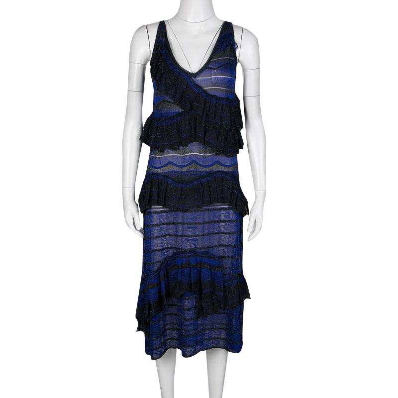 Missoni Blue and Black Lurex Knit Ruffled Sleeveless Dress M In New Condition In Dubai, Al Qouz 2