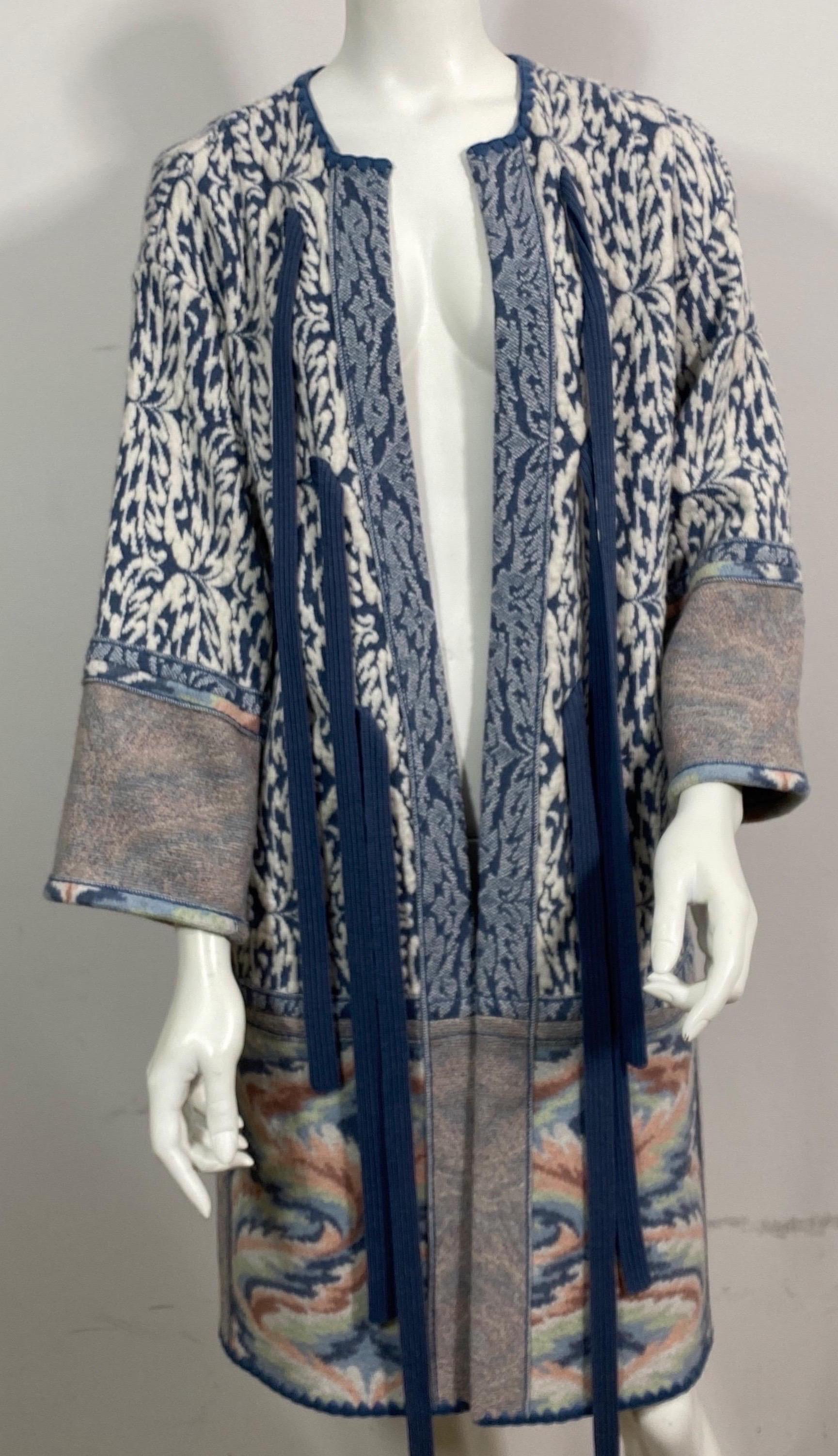 Missoni Blue and Cream Wool Knit Sweater Coat - Size Small/Medium For Sale 11