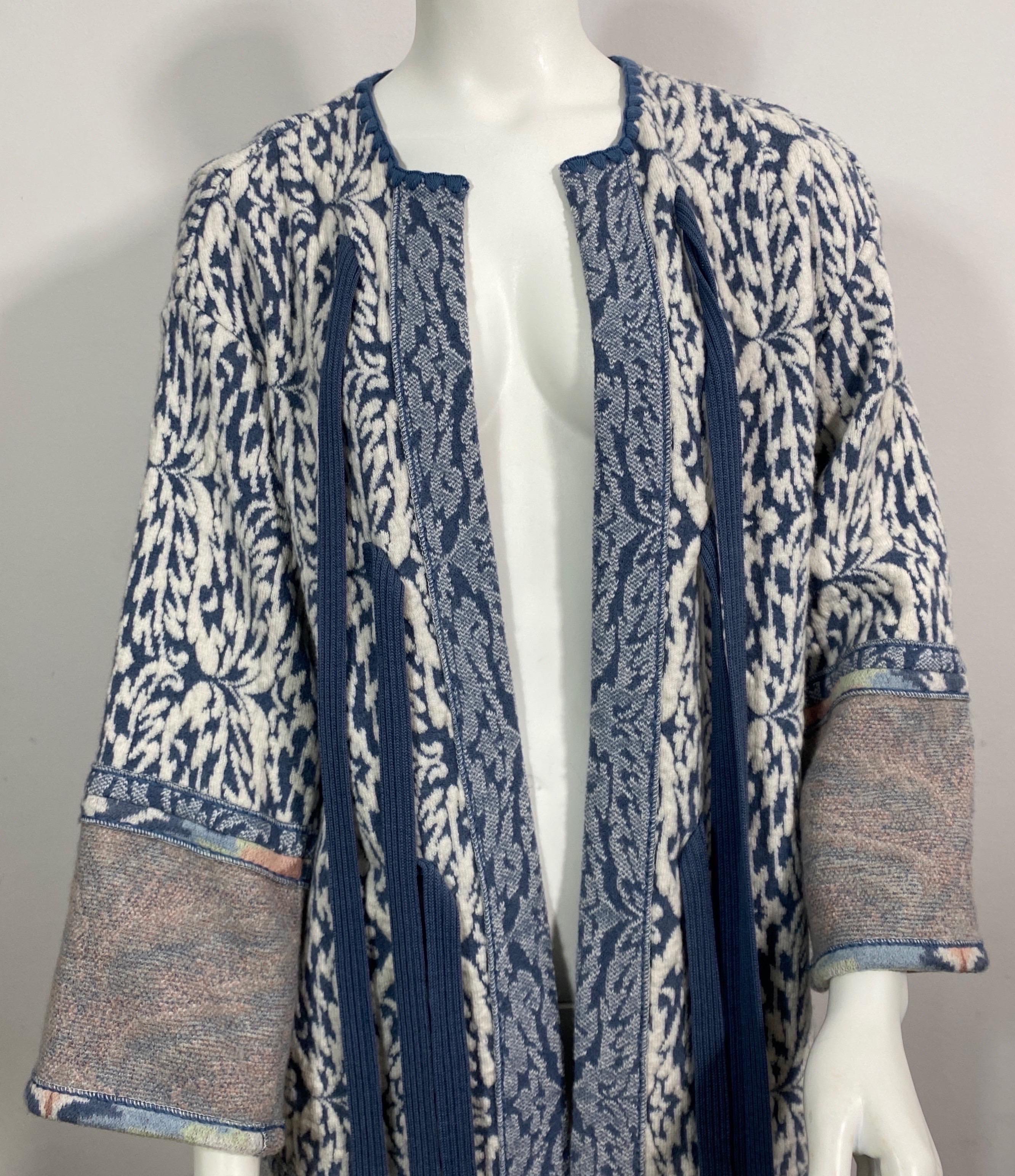 Missoni Blue and Cream Wool Knit Sweater Coat - Size Small/Medium For Sale 12