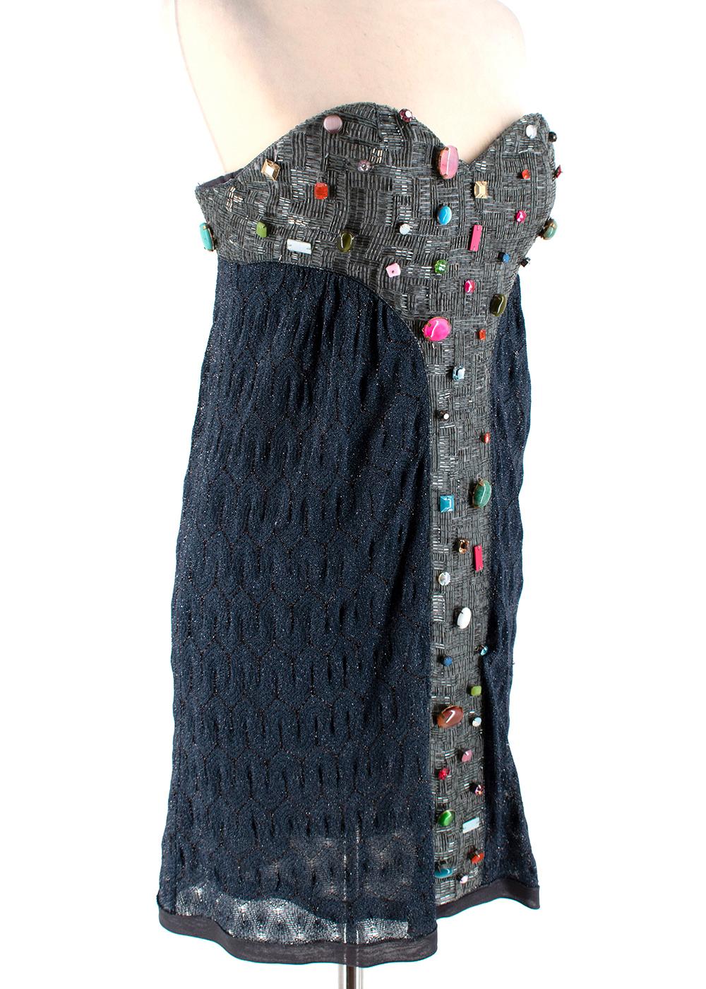 Missoni Blue Beaded Lurex Knit Strapless Mini Dress 

-Attached under garment 
-Various stones and crystals detail 
-Y shaped beading to the front
-Beautiful blue, black and silver lurex thread knit, that has a midnight sky effect 
-Fully lined with