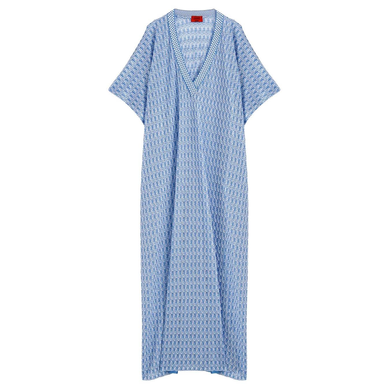 MISSONI Blue Chevron Crochet Knit Kaftan Maxi Dress Gown 42 For Sale 6