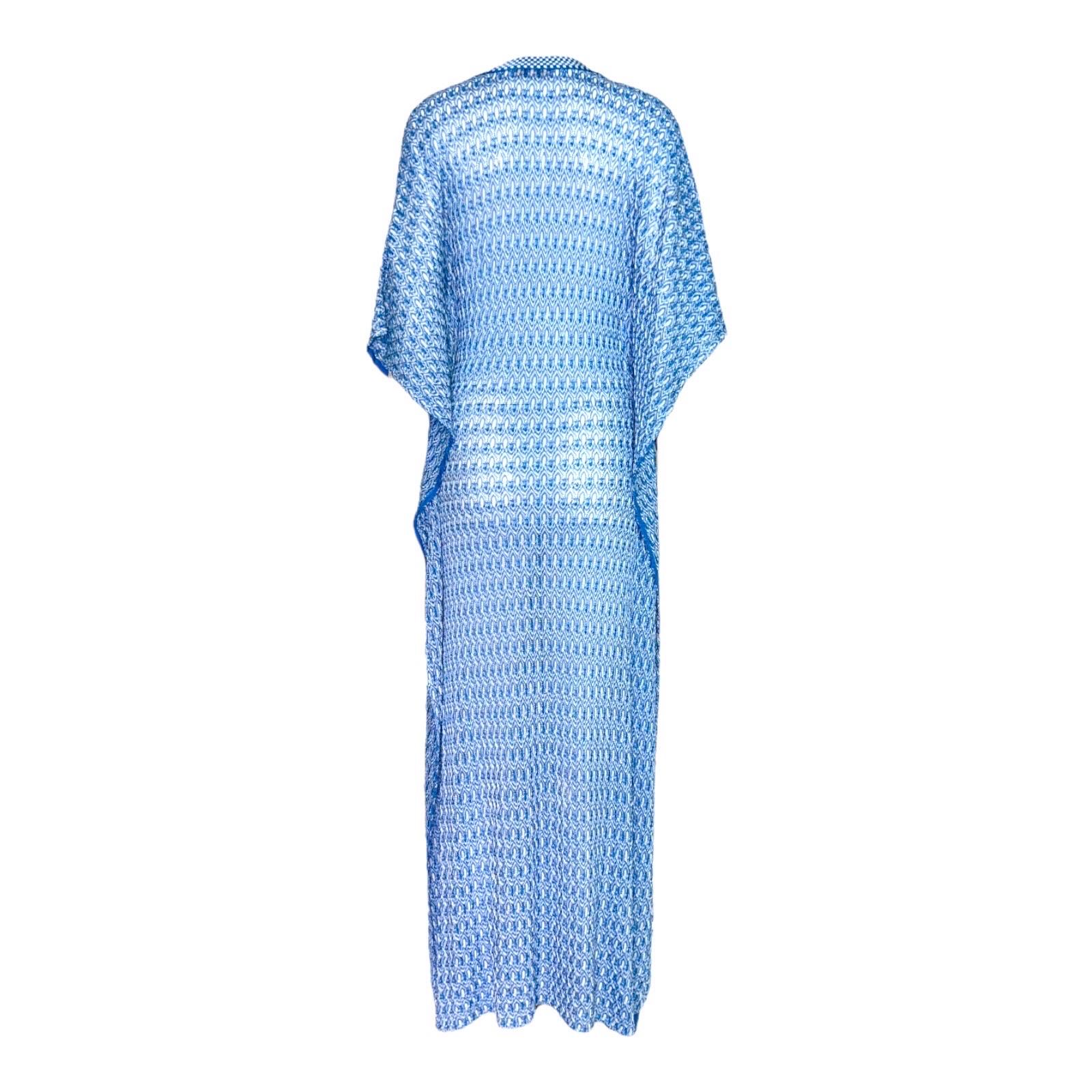 MISSONI Blue Chevron Crochet Knit Kaftan Maxi Dress Gown 42 In Good Condition For Sale In Switzerland, CH