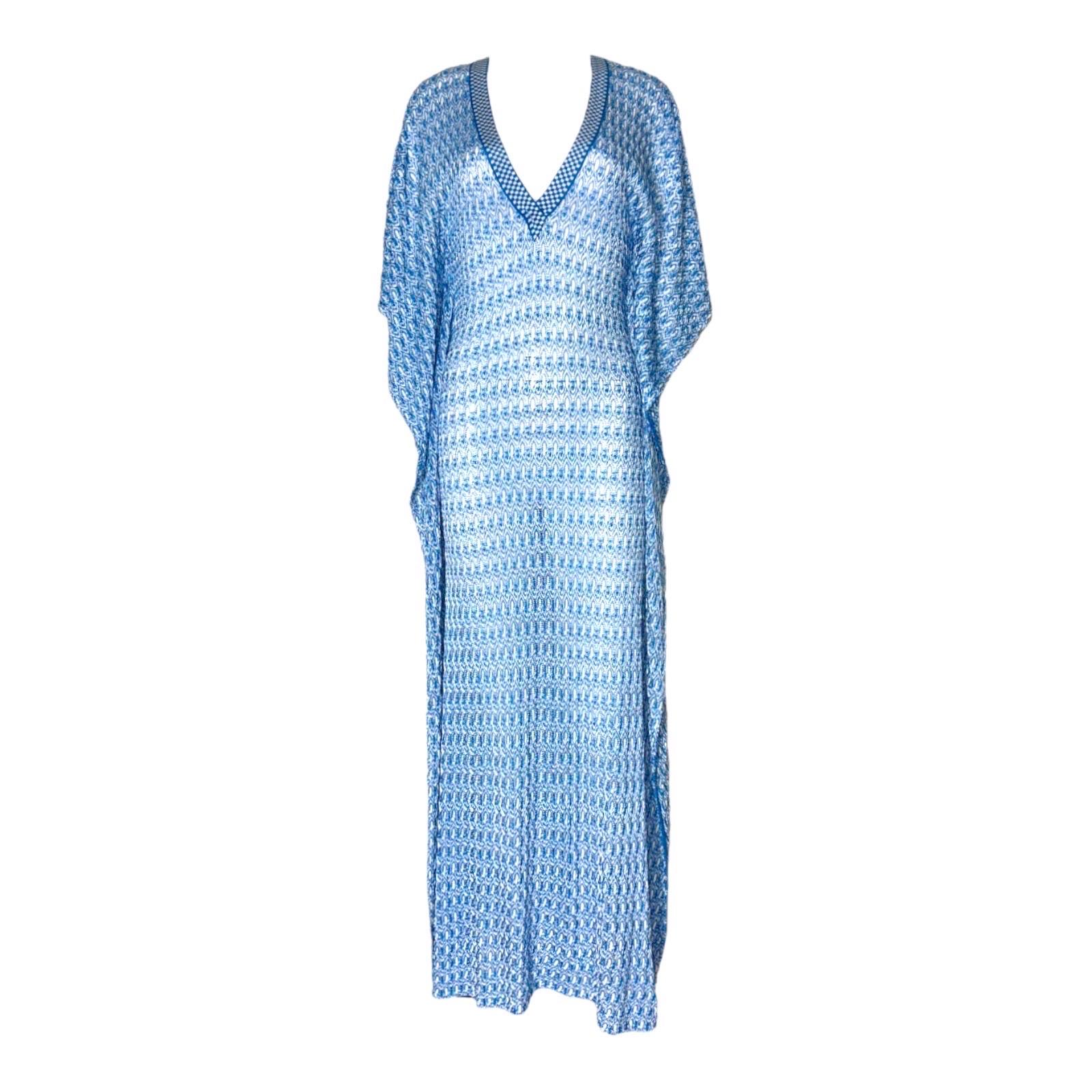 Women's MISSONI Blue Chevron Crochet Knit Kaftan Maxi Dress Gown 42 For Sale