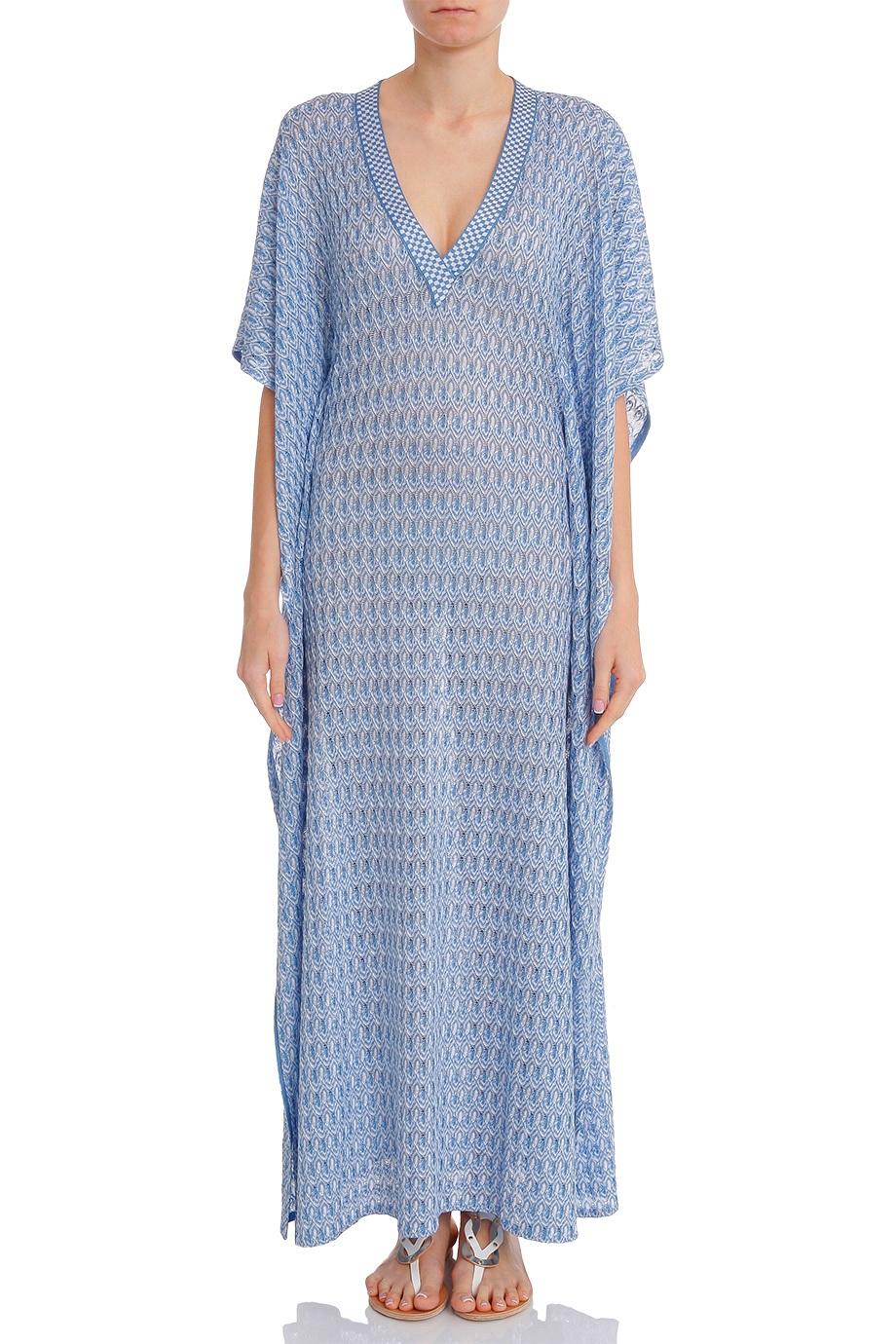 MISSONI Blue Chevron Crochet Knit Kaftan Maxi Dress Gown 42 For Sale 4