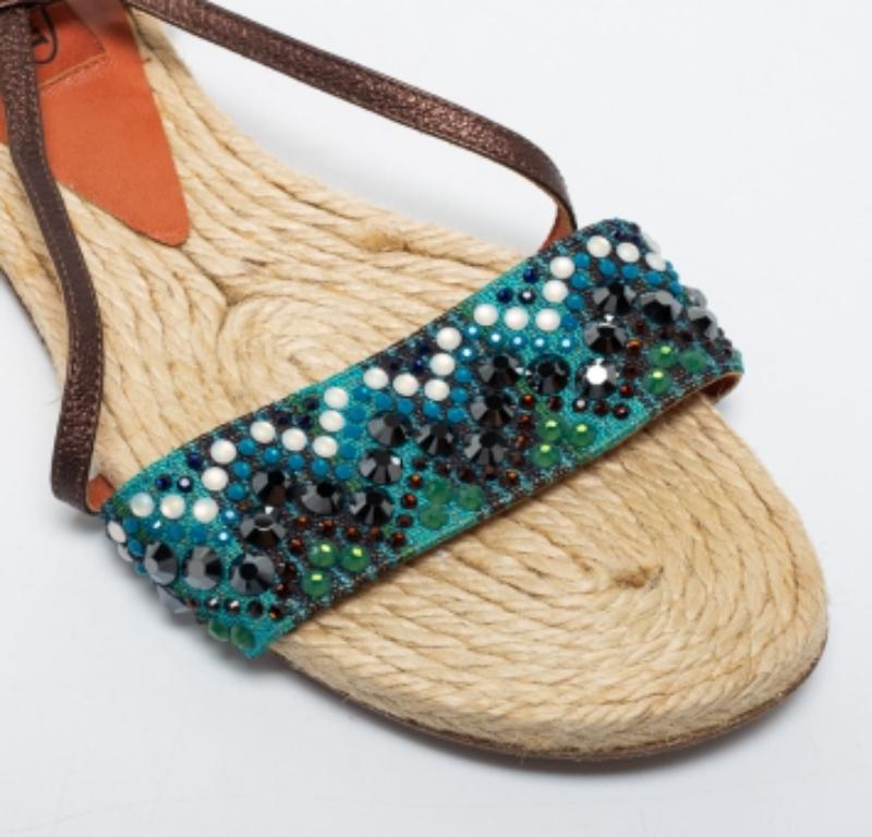 Donna Missoni Blu/Cristallo scuro in tessuto e pelle con cinturino alla caviglia Sandali piatti misura 35 in vendita