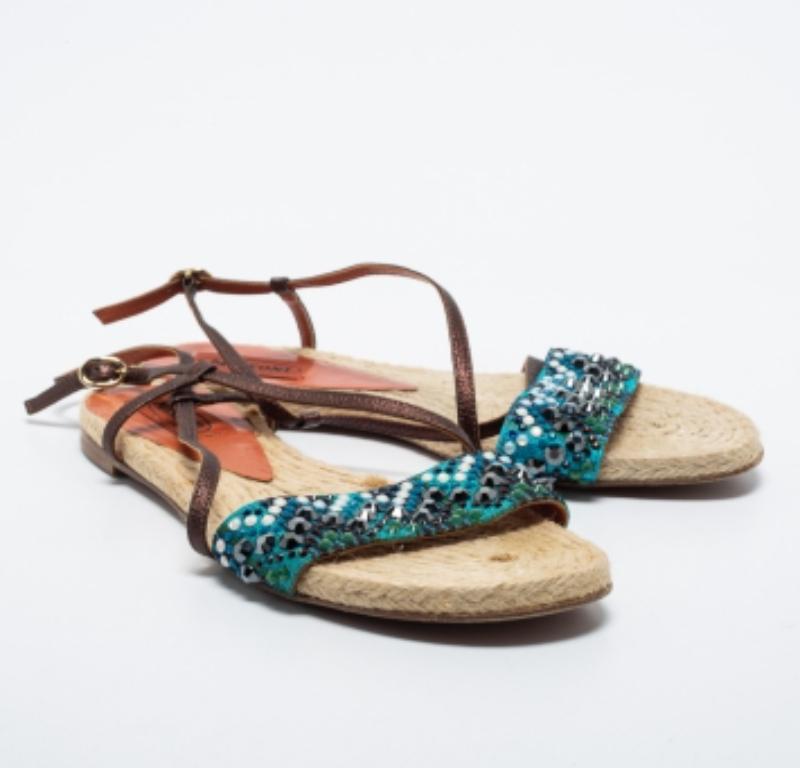 Missoni Blu/Cristallo scuro in tessuto e pelle con cinturino alla caviglia Sandali piatti misura 35 in vendita 1