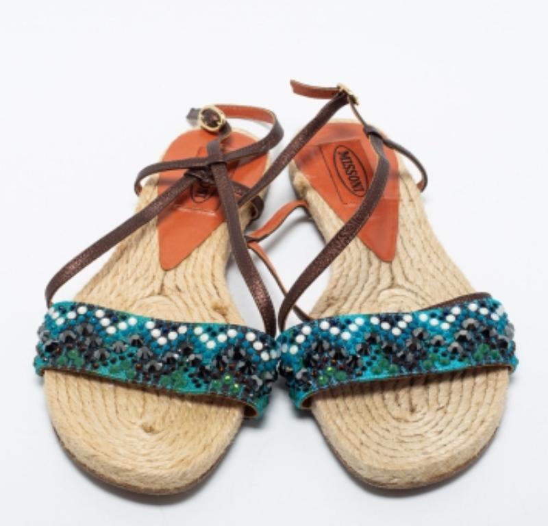 Missoni Blu/Cristallo scuro in tessuto e pelle con cinturino alla caviglia Sandali piatti misura 35 in vendita 2