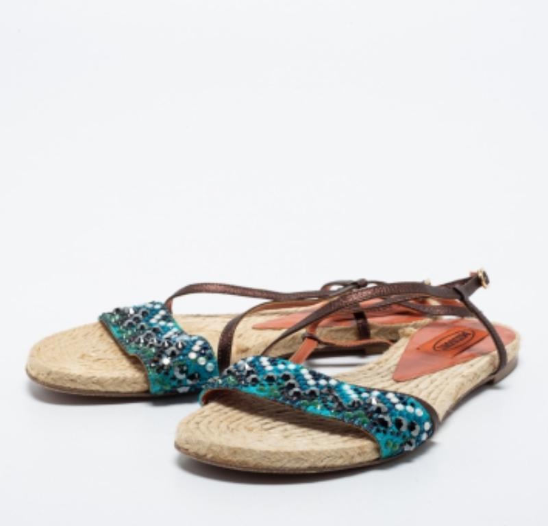 Missoni Blu/Cristallo scuro in tessuto e pelle con cinturino alla caviglia Sandali piatti misura 35 in vendita 3