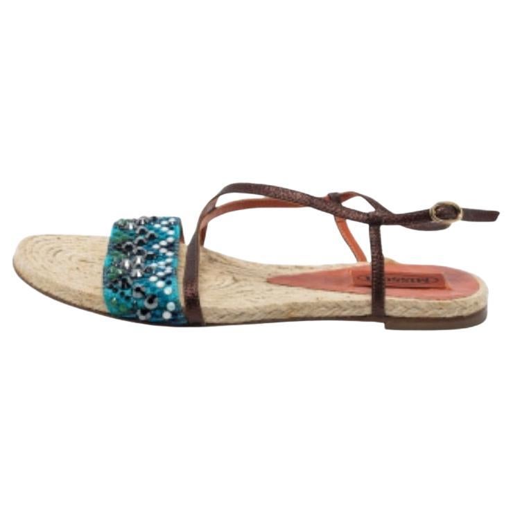 Missoni Blu/Cristallo scuro in tessuto e pelle con cinturino alla caviglia Sandali piatti misura 35 in vendita