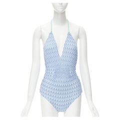 MISSONI Blue knitted rushed plunge halter one piece swimsuit  S