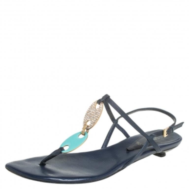 Gray Missoni Blue Leather Thong Sandals Size 37 For Sale