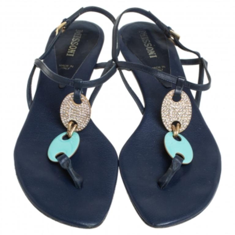 Missoni Blue Leather Thong Sandals Size 37 In Good Condition For Sale In Dubai, Al Qouz 2