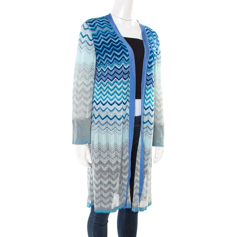 Missoni Blue Lurex Perforated Knit Chevron Pattern Open Front Cardigan L In Good Condition In Dubai, Al Qouz 2