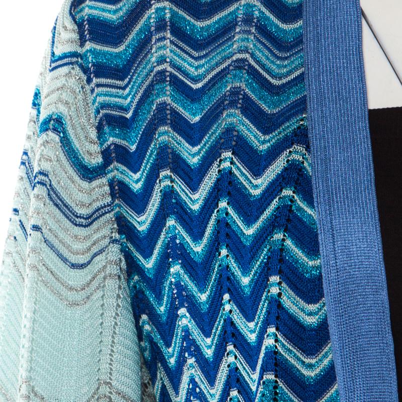 Women's Missoni Blue Lurex Perforated Knit Chevron Pattern Open Front Cardigan L