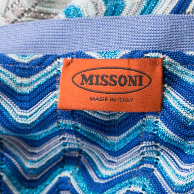 Missoni Blue Lurex Perforated Knit Chevron Pattern Open Front Cardigan L 1