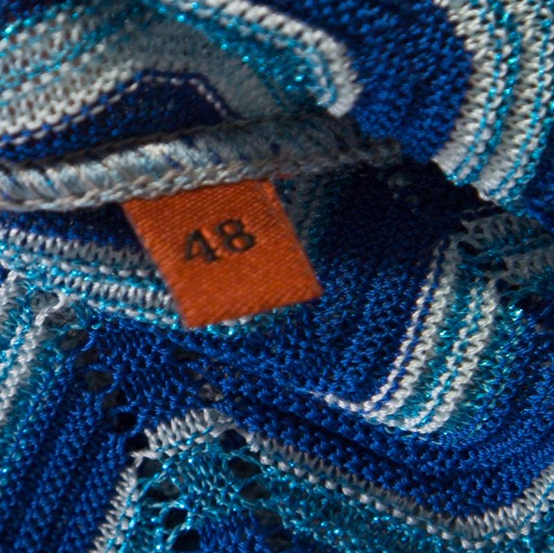Missoni Blue Lurex Perforated Knit Chevron Pattern Open Front Cardigan L 2