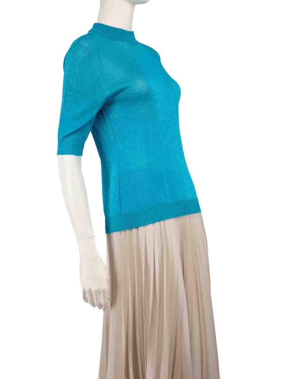CONDITION is Very good. Hardly any visible wear to top is evident on this used Missoni designer resale item.
 
 
 
 Details
 
 
 Blue
 
 Viscose
 
 Knit top
 
 Metallic thread
 
 Short sleeves
 
 Round neck
 
 Sheer
 
 Back button fastening
 
 
 
 
