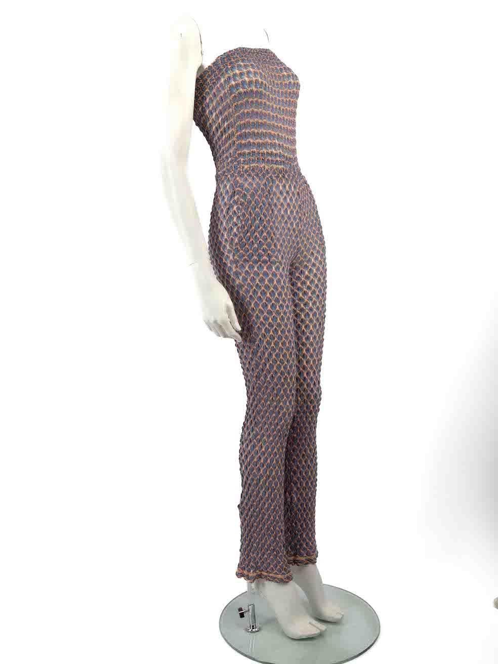 CONDITION is Very good. Hardly any visible wear to jumpsuit is evident on this used Missoni designer resale item.
 
 
 
 Details
 
 
 Blue
 
 Viscose
 
 Knit jumpsuit
 
 Strapless
 
 Elasticated band
 
 2x Side pockets
 
 Straight leg
 
 
 
 
 
