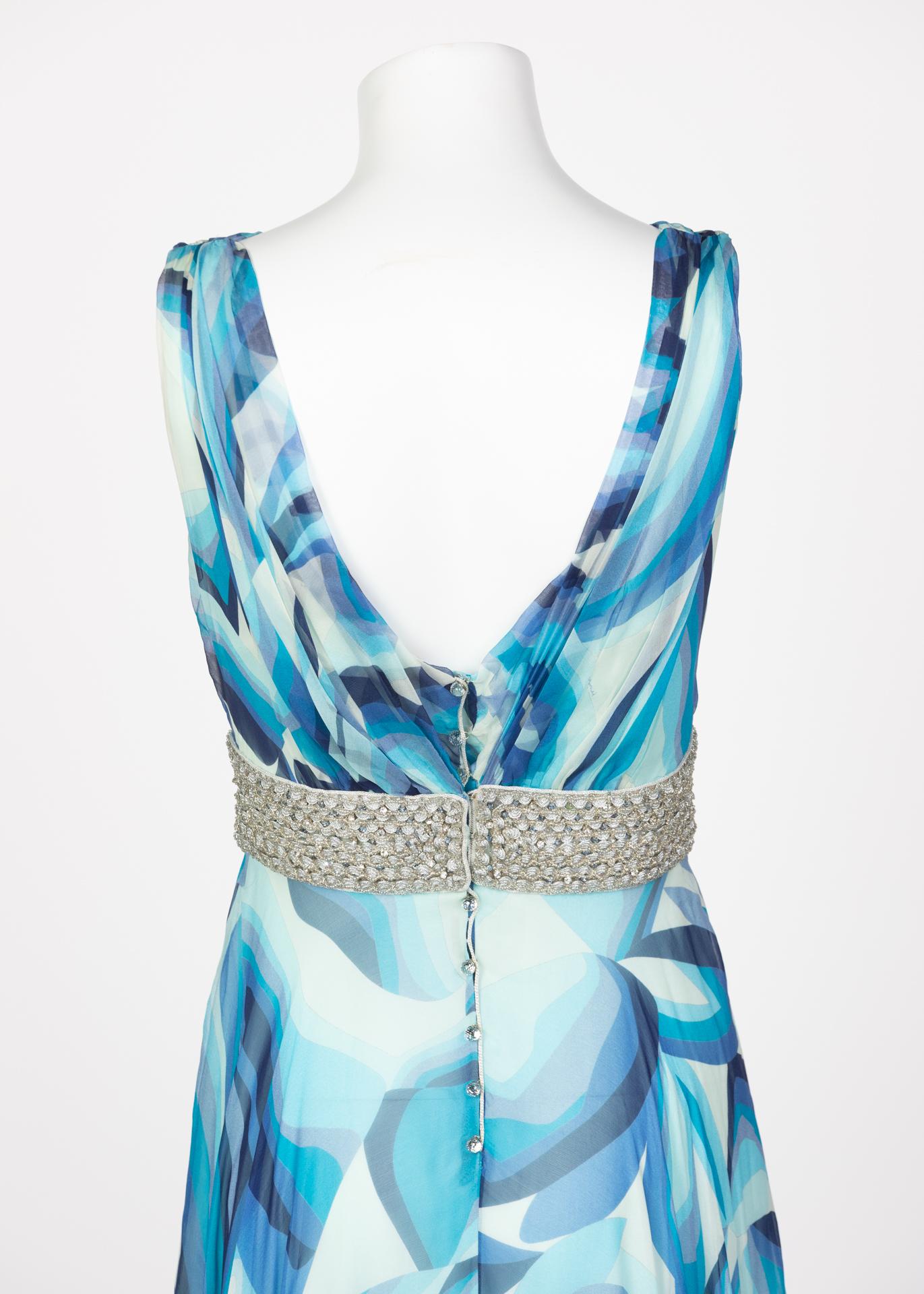 Missoni Blue Printed Plunge Neck Sleeveless Silk Crystal Gown, 2006 7