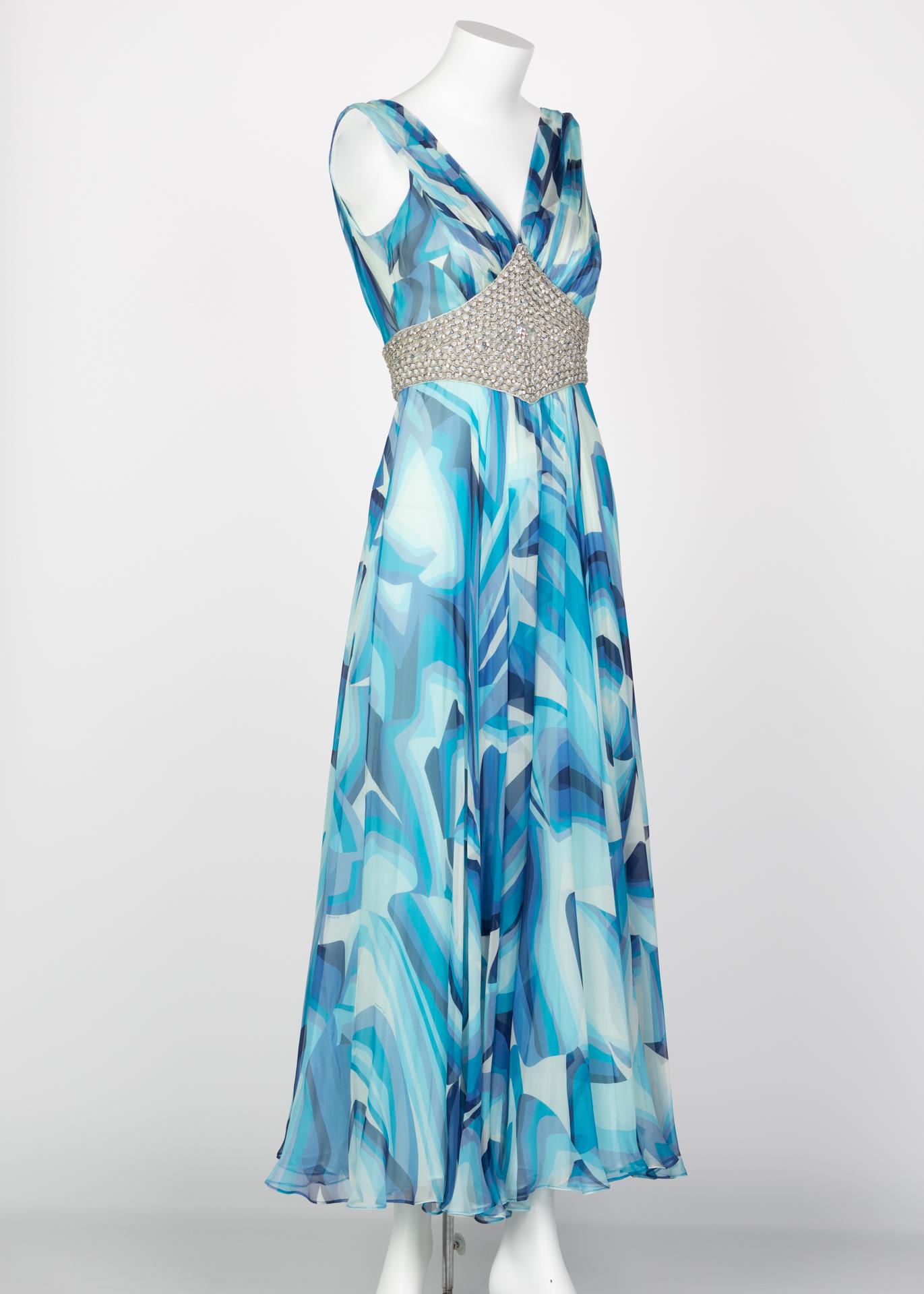 Missoni Blue Printed Plunge Neck Sleeveless Silk Crystal Gown, 2006 In Excellent Condition In Boca Raton, FL