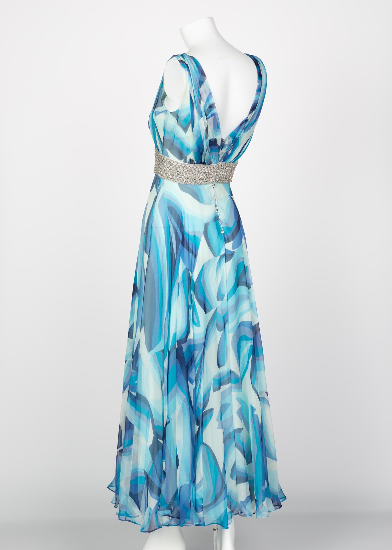 Women's Missoni Blue Printed Plunge Neck Sleeveless Silk Crystal Gown, 2006